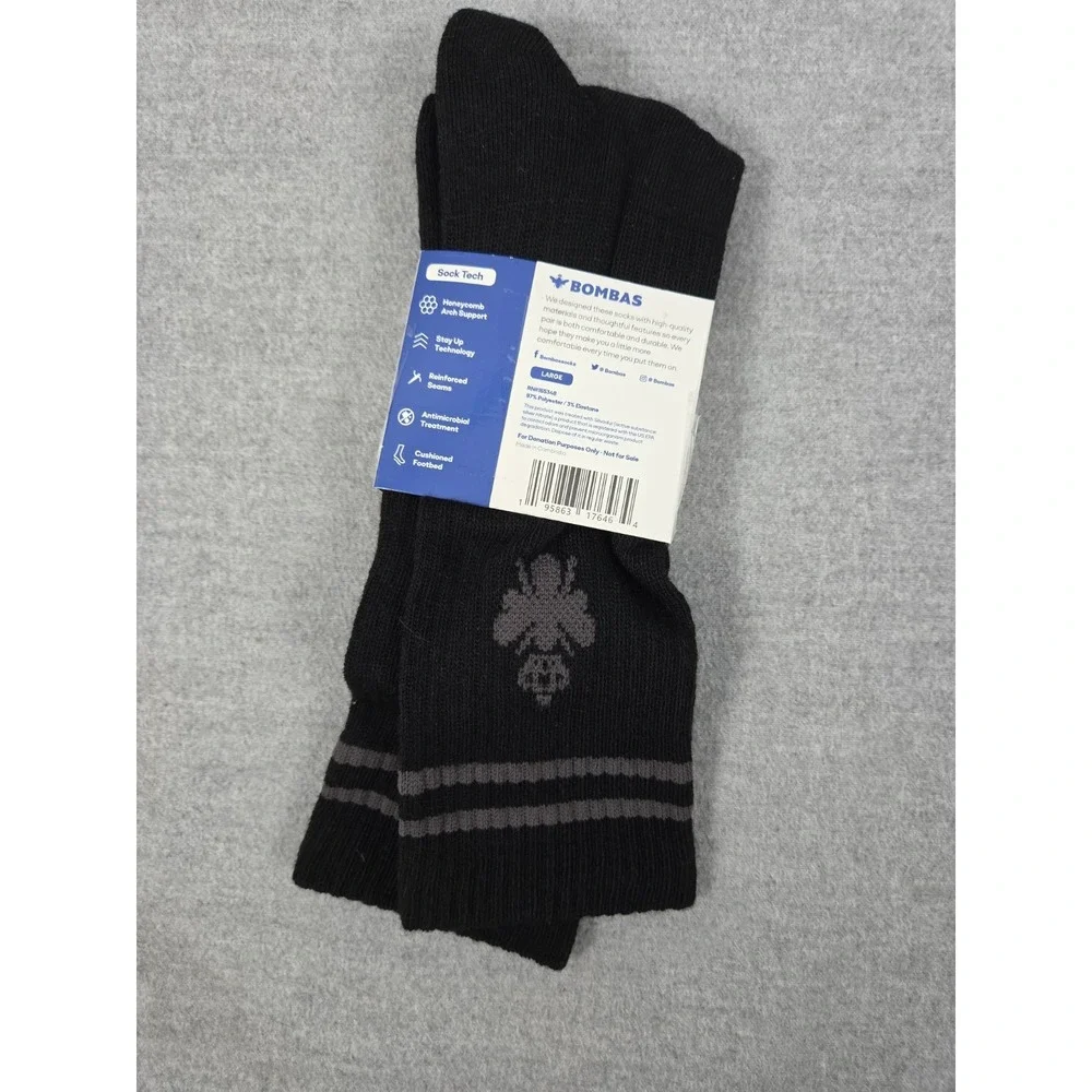 BOMBAS Black Crew Socks Honeycomb Poly Blend Unisex L Cushioned Comfort NEW